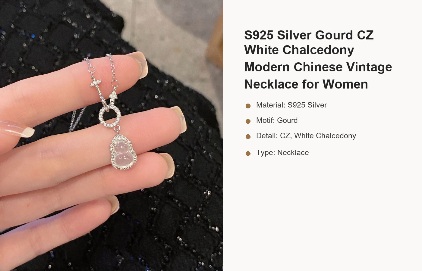 S925 Silver Gourd CZ White Chalcedony Modern Chinese Vintage Necklace for Women detail image
