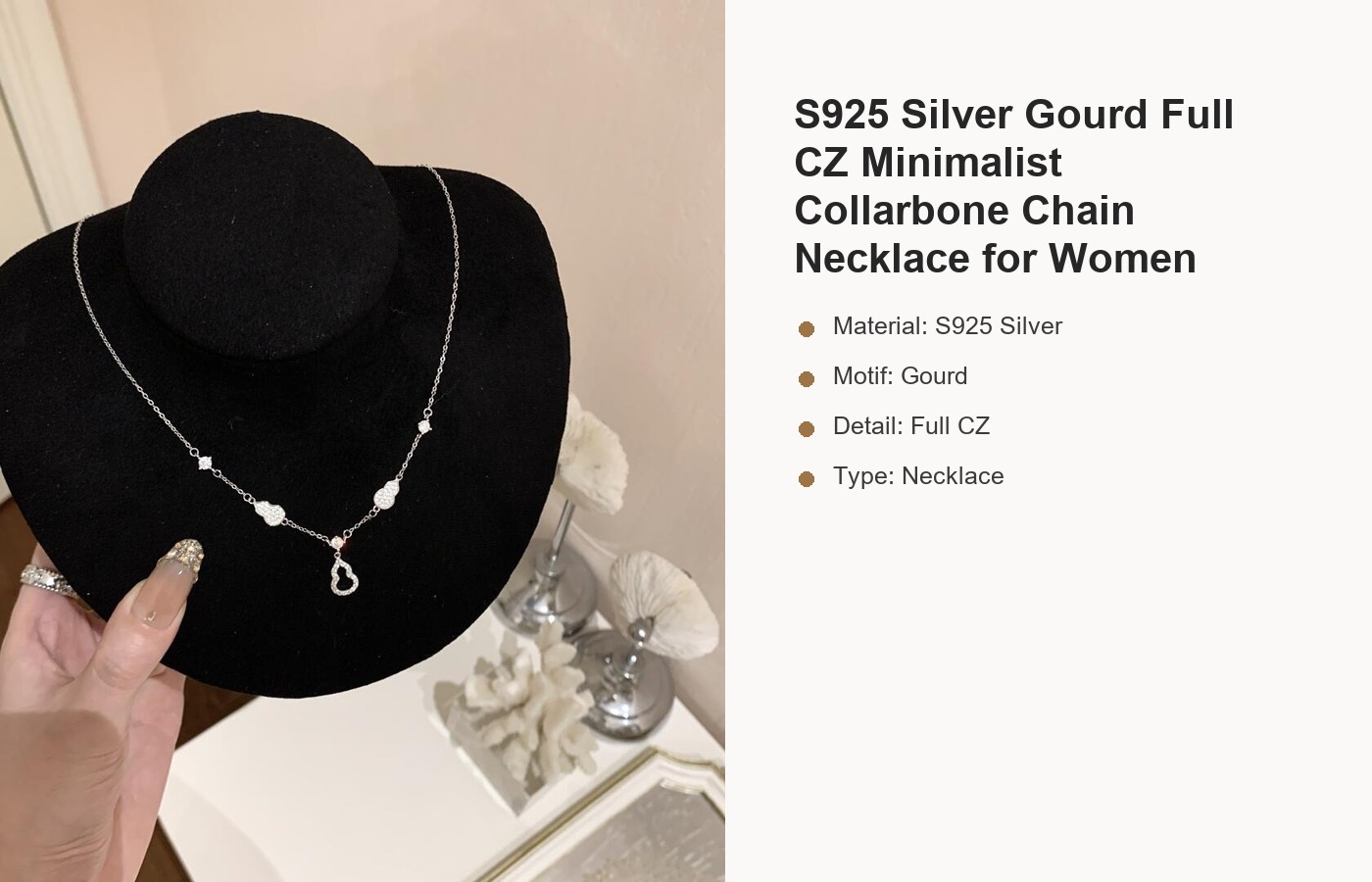 S925 Silver Gourd Full CZ Minimalist Collarbone Chain Necklace for Women detail image