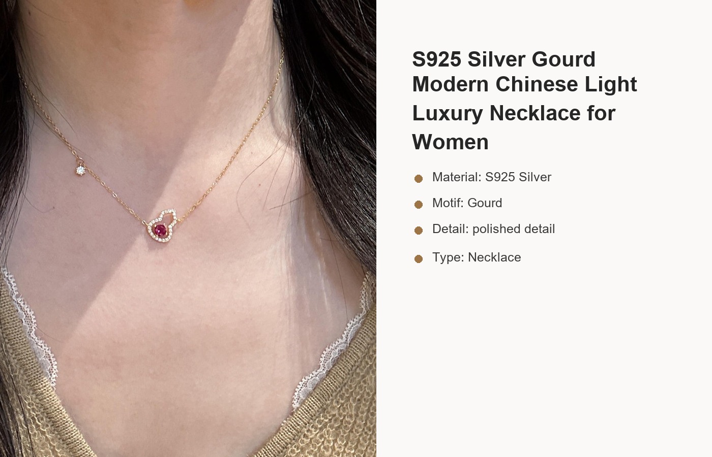 S925 Silver Gourd Modern Chinese Light Luxury Necklace for Women detail image
