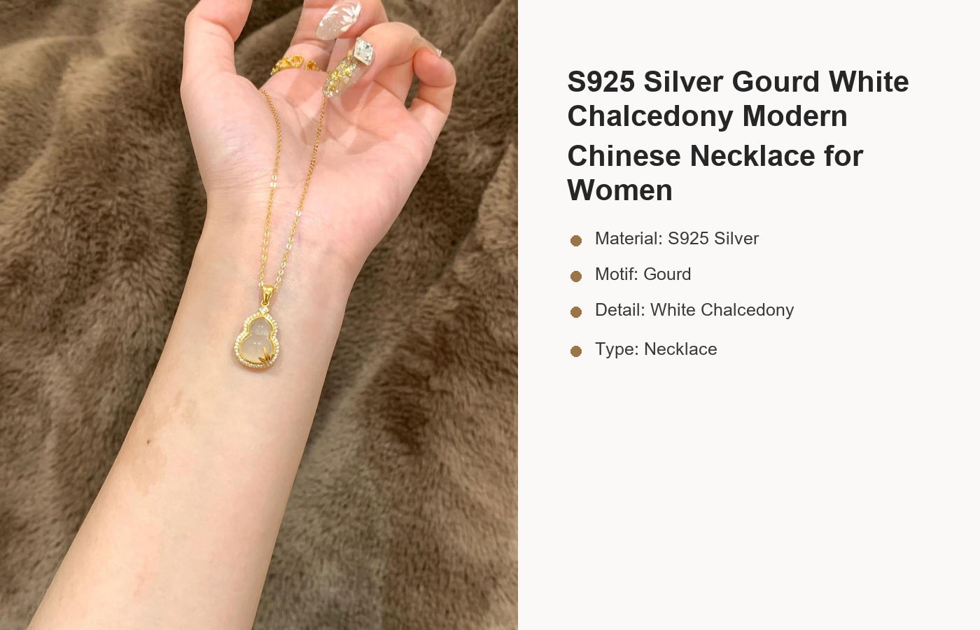 S925 Silver Gourd White Chalcedony Modern Chinese Necklace for Women detail image