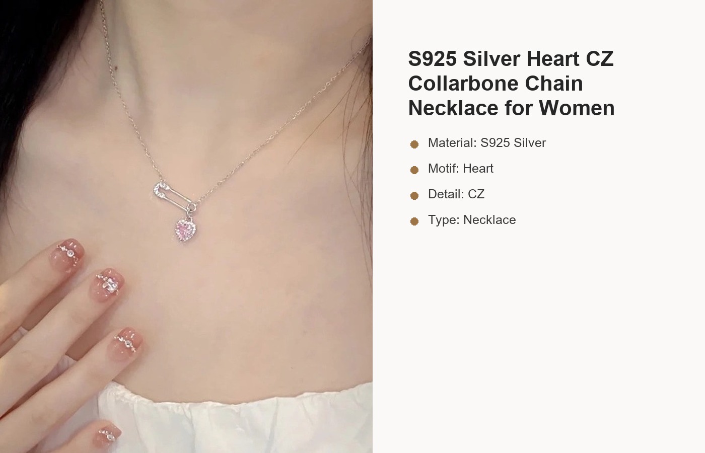S925 Silver Heart CZ Collarbone Chain Necklace for Women detail image