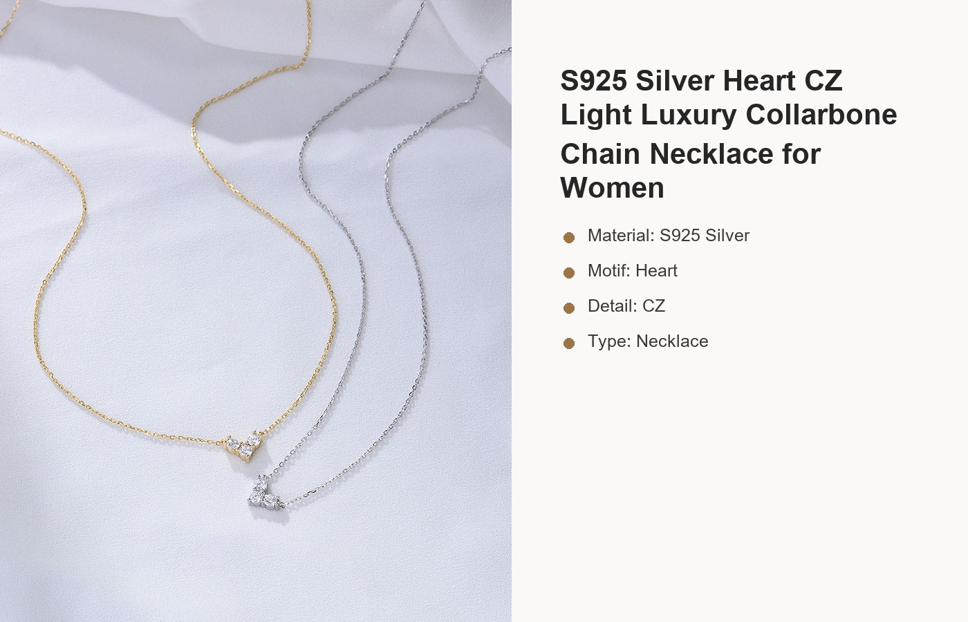 S925 Silver Heart CZ Light Luxury Collarbone Chain Necklace for Women detail image