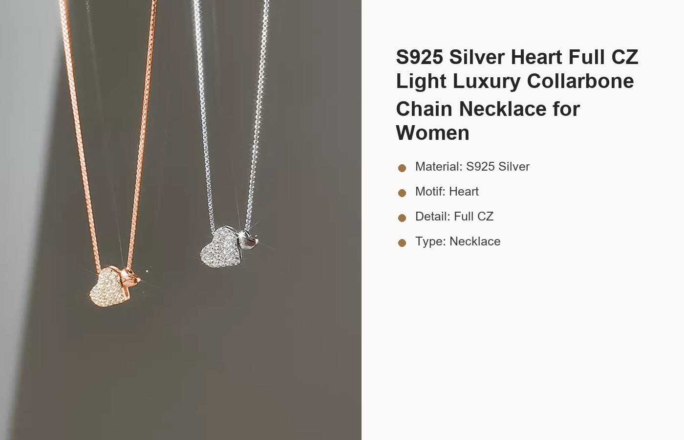 S925 Silver Heart Full CZ Light Luxury Collarbone Chain Necklace for Women detail image