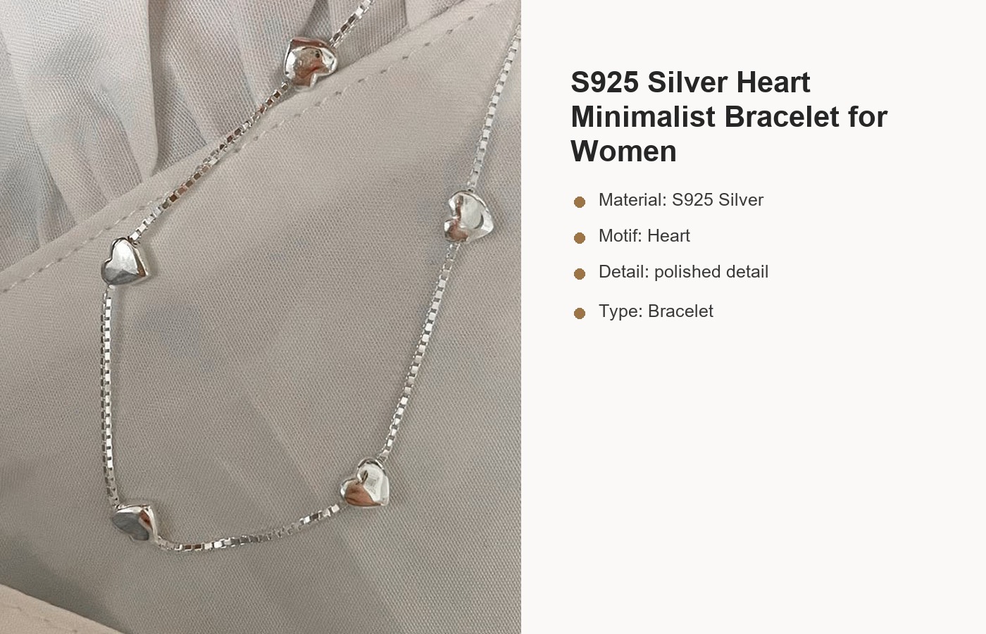 S925 Silver Heart Minimalist Bracelet for Women detail image