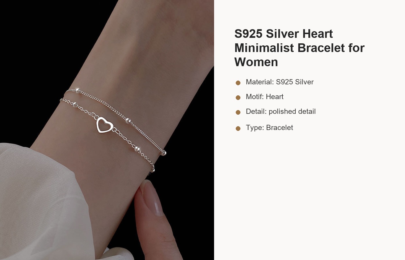 S925 Silver Heart Minimalist Bracelet for Women detail image