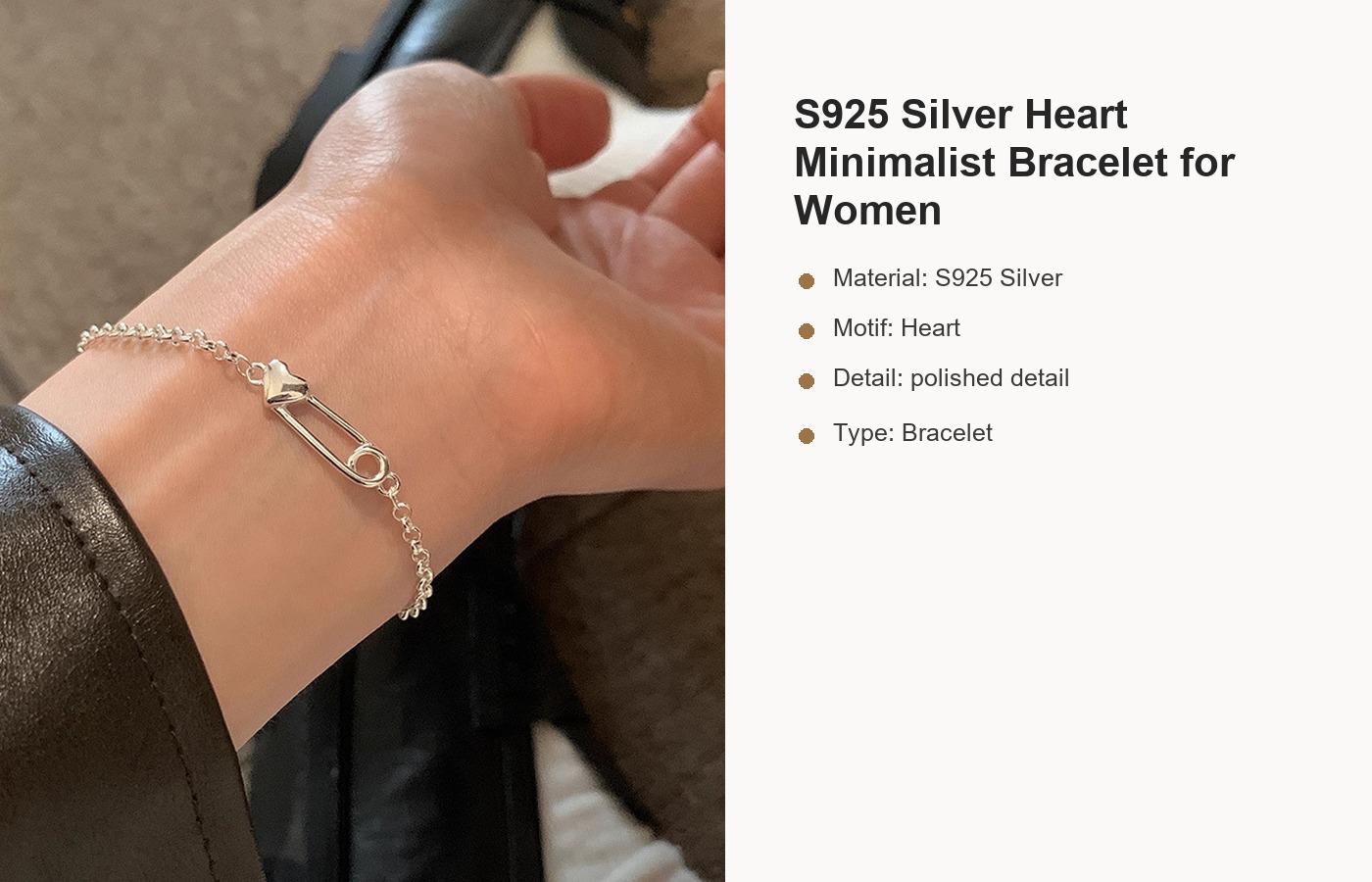 S925 Silver Heart Minimalist Bracelet for Women detail image