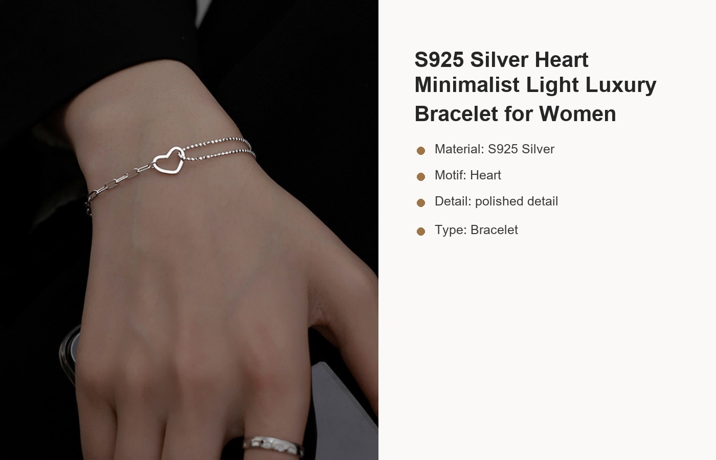 S925 Silver Heart Minimalist Light Luxury Bracelet for Women detail image