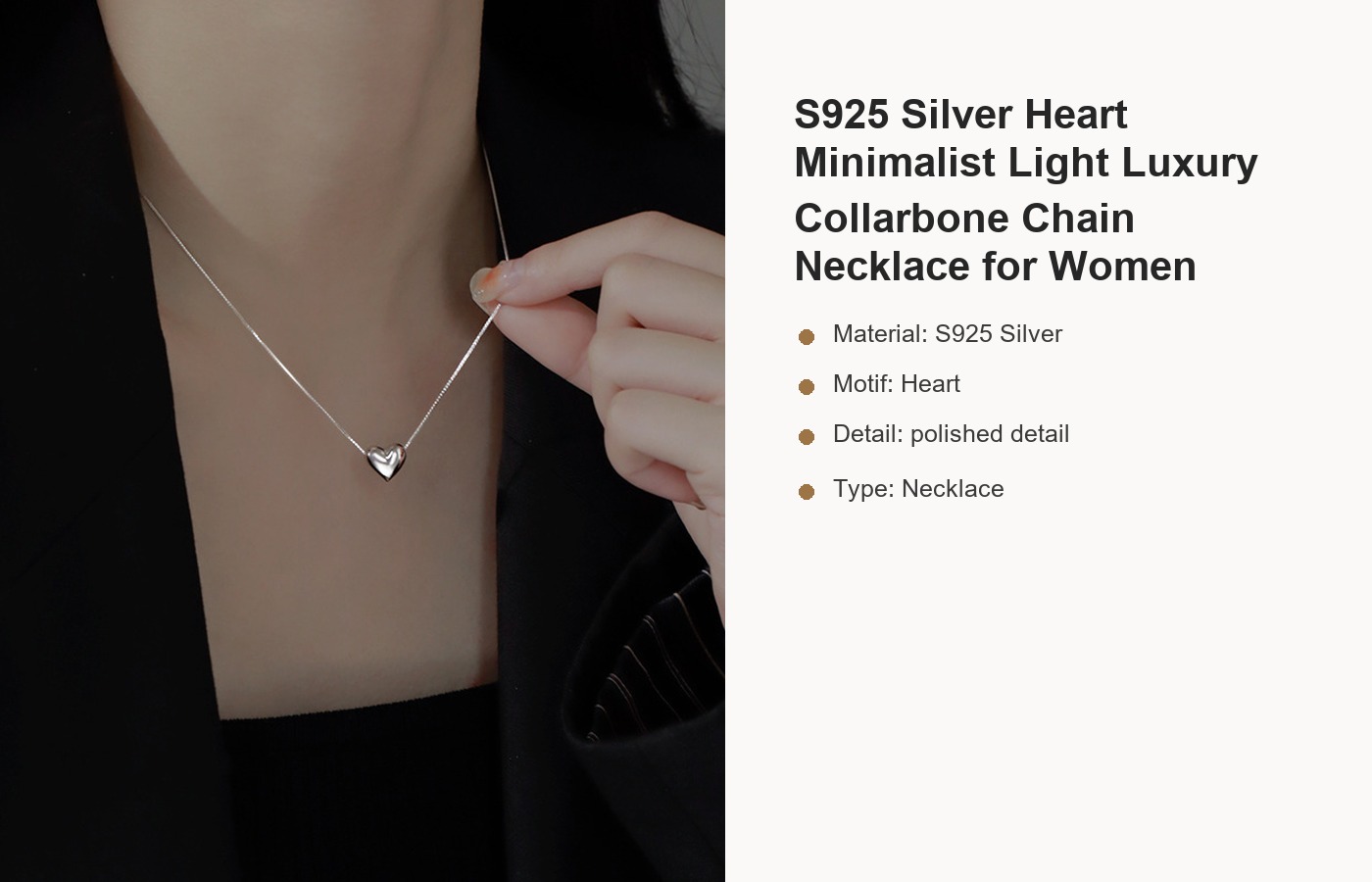 S925 Silver Heart Minimalist Light Luxury Collarbone Chain Necklace for Women detail image