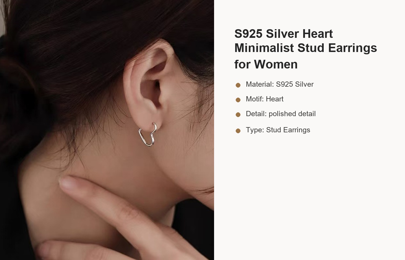 S925 Silver Heart Minimalist Stud Earrings for Women detail image