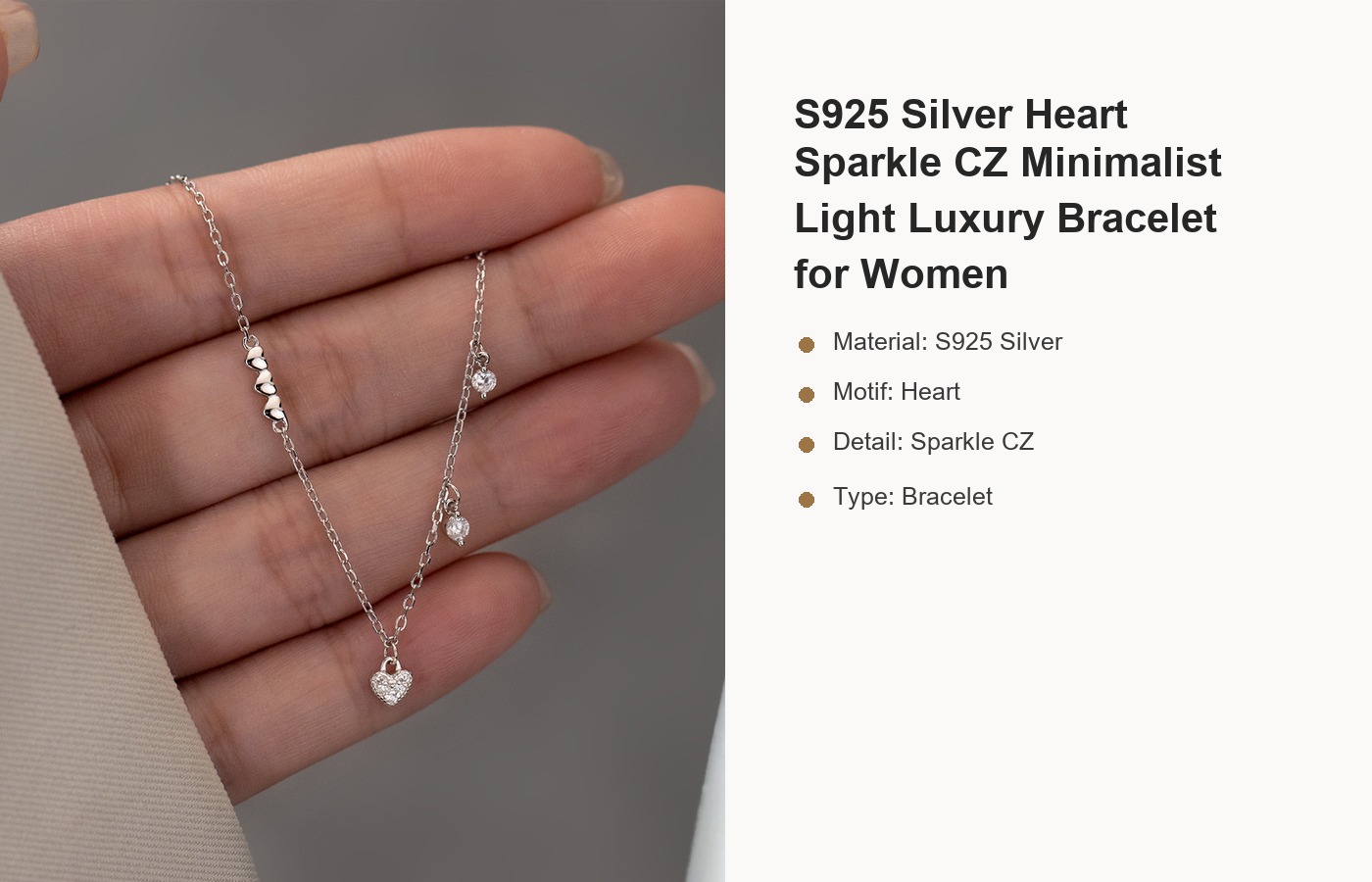 S925 Silver Heart Sparkle CZ Minimalist Light Luxury Bracelet for Women detail image