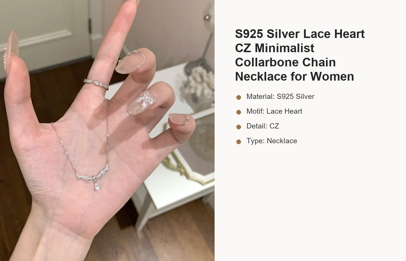 S925 Silver Lace Heart CZ Minimalist Collarbone Chain Necklace for Women detail image