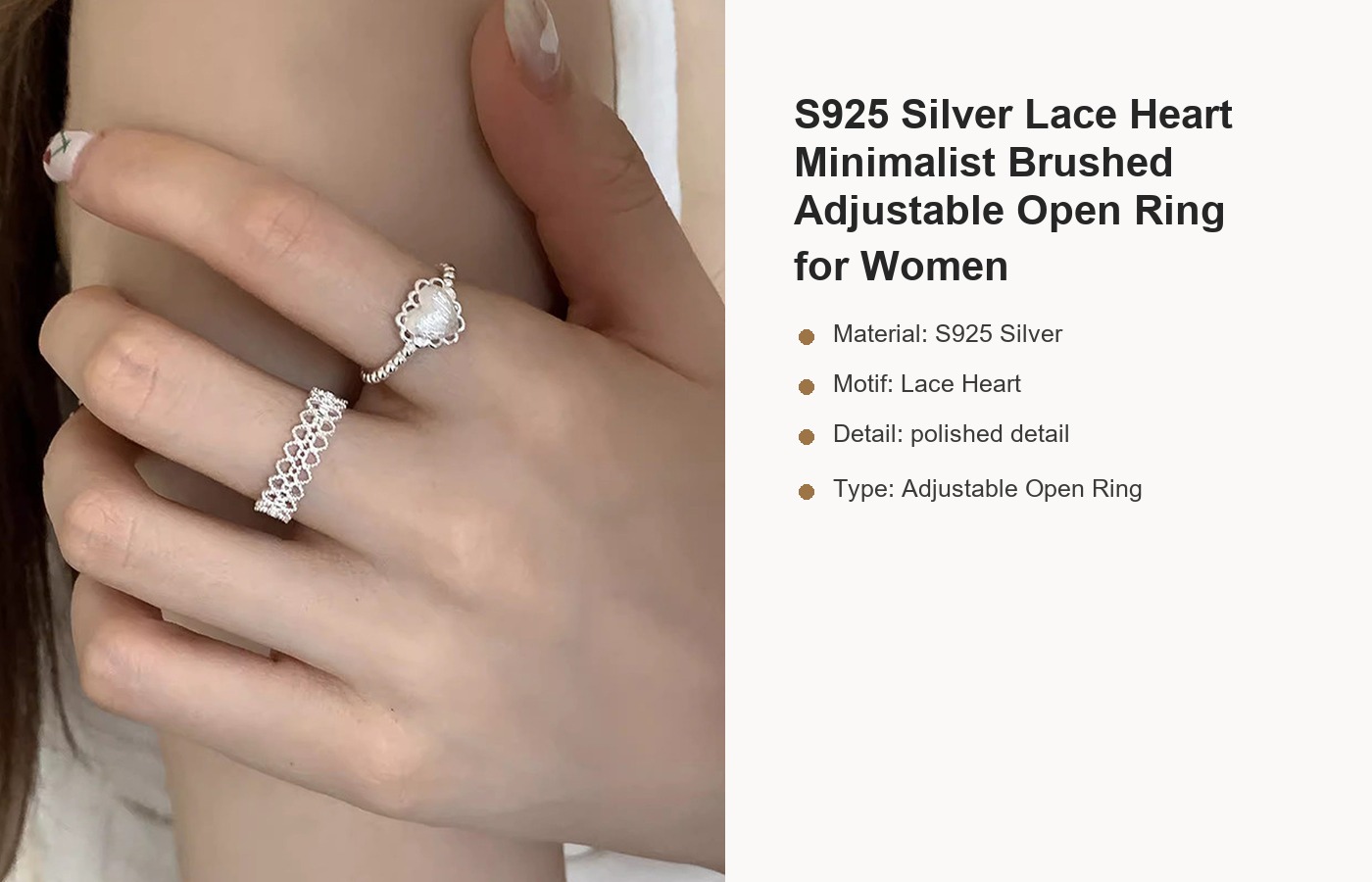 S925 Silver Lace Heart Minimalist Brushed Adjustable Open Ring for Women detail image