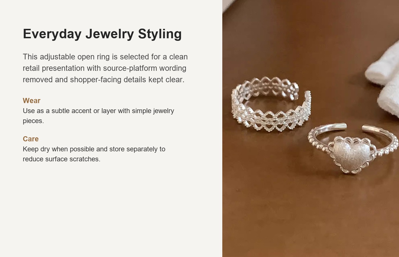 S925 Silver Lace Heart Minimalist Brushed Adjustable Open Ring for Women detail image