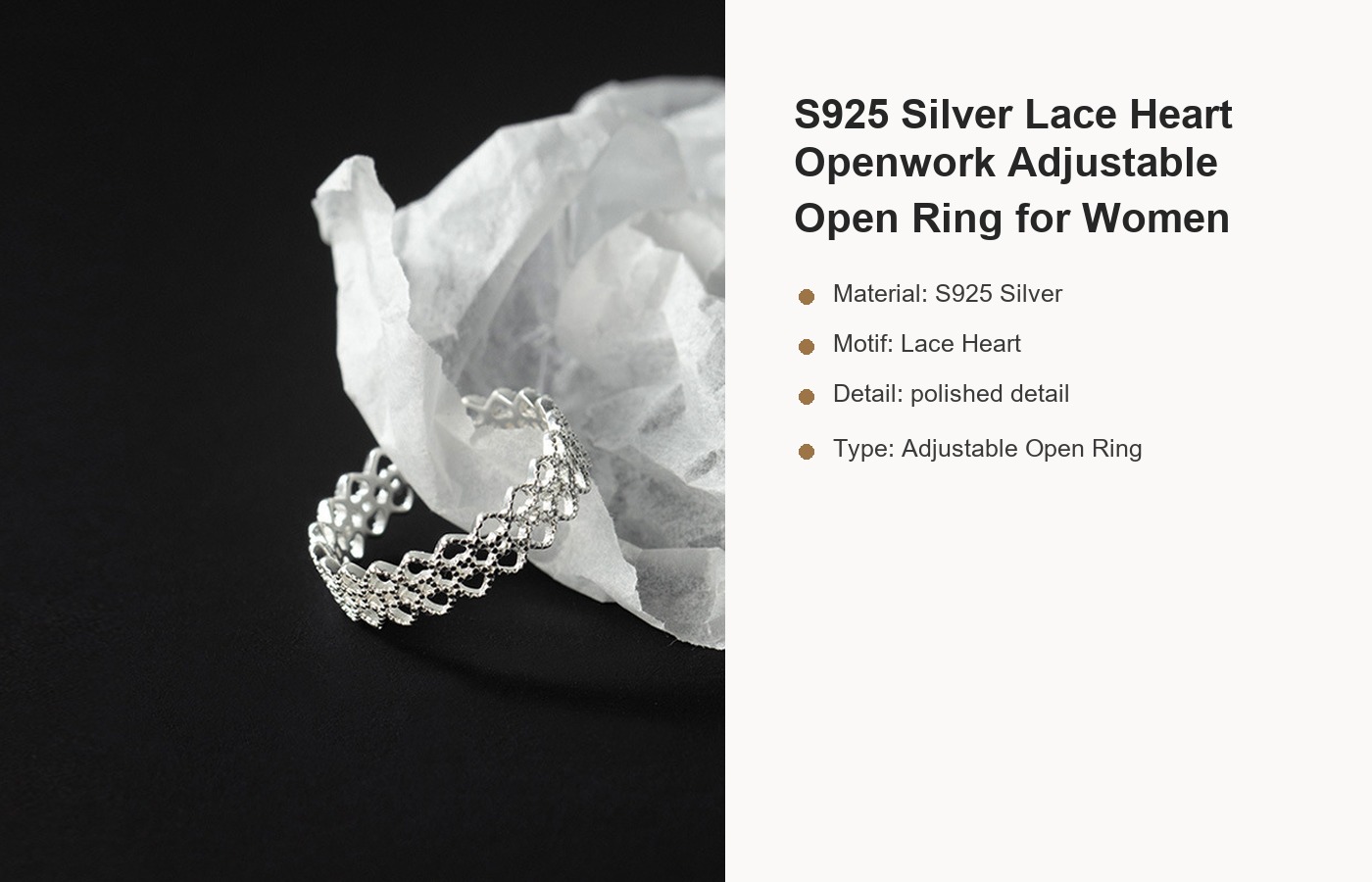 S925 Silver Lace Heart Openwork Adjustable Open Ring for Women detail image