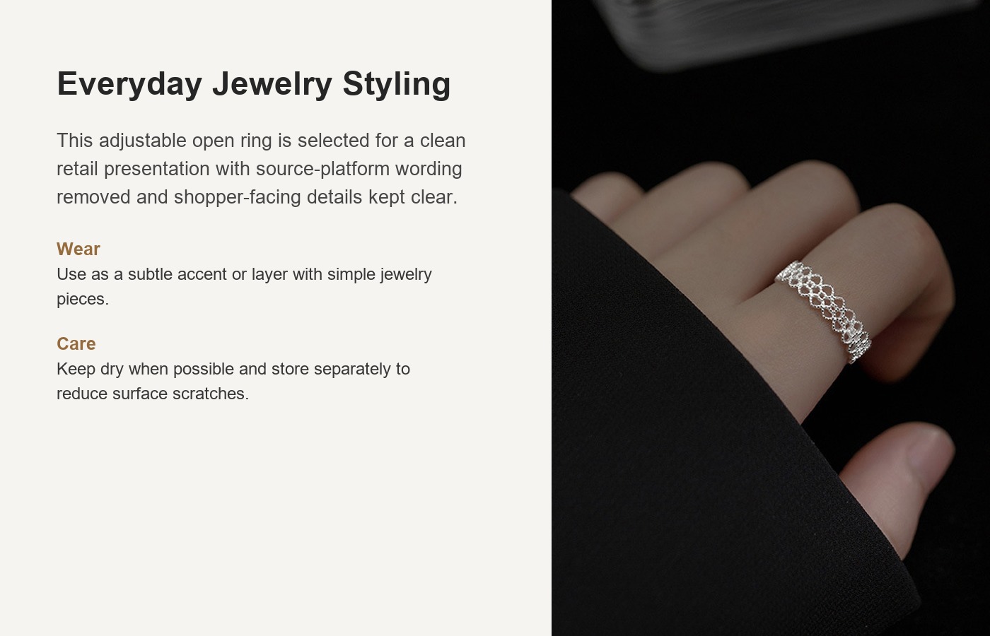 S925 Silver Lace Heart Openwork Adjustable Open Ring for Women detail image