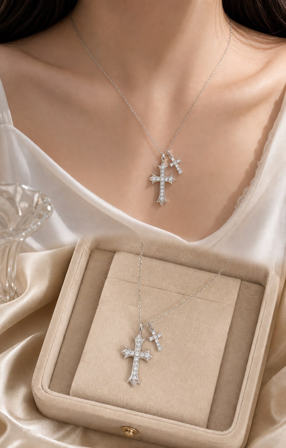 S925 Silver Layered Gothic Double Cross CZ Necklace for Women detail image