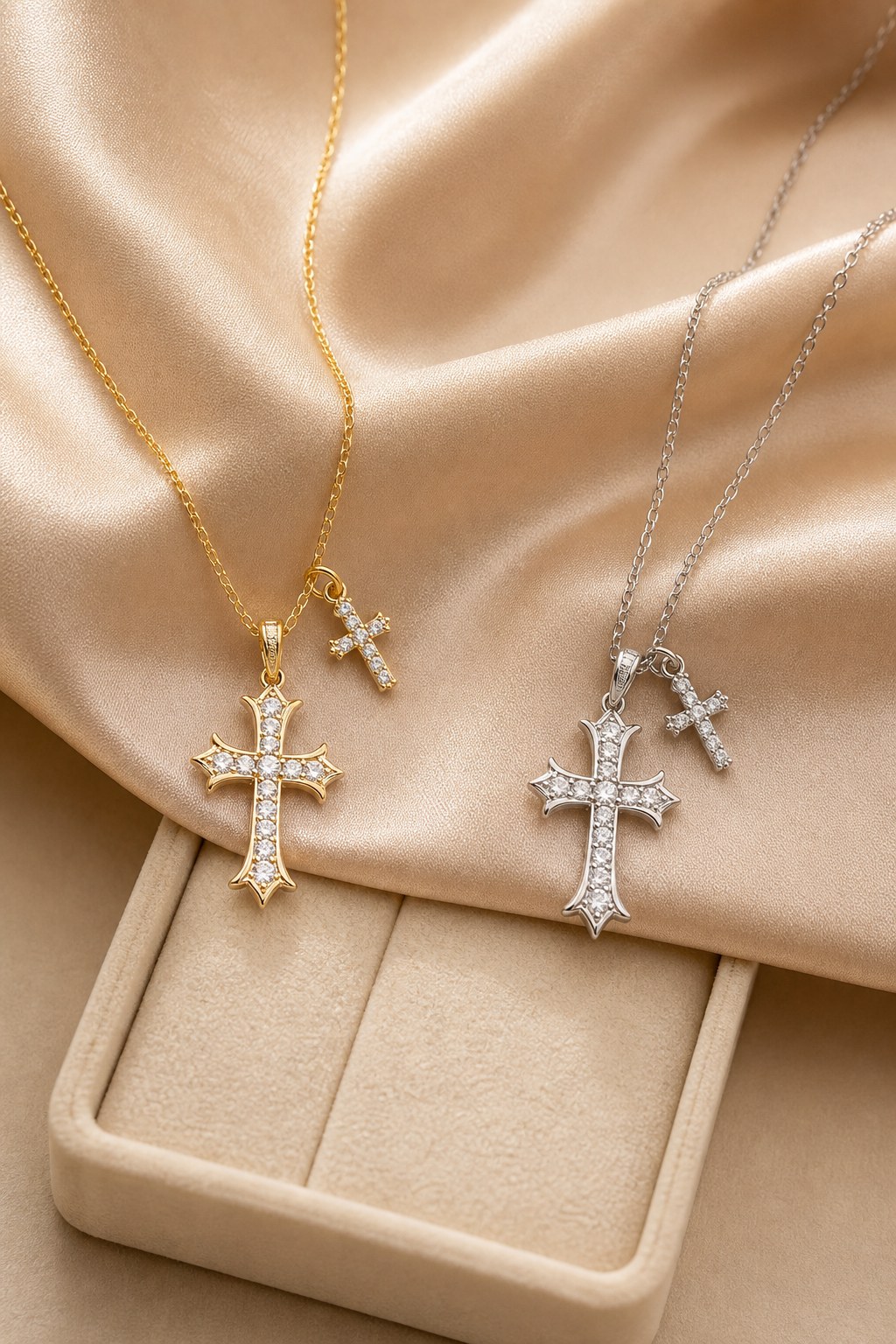 S925 Silver Layered Gothic Double Cross CZ Necklace for Women detail image