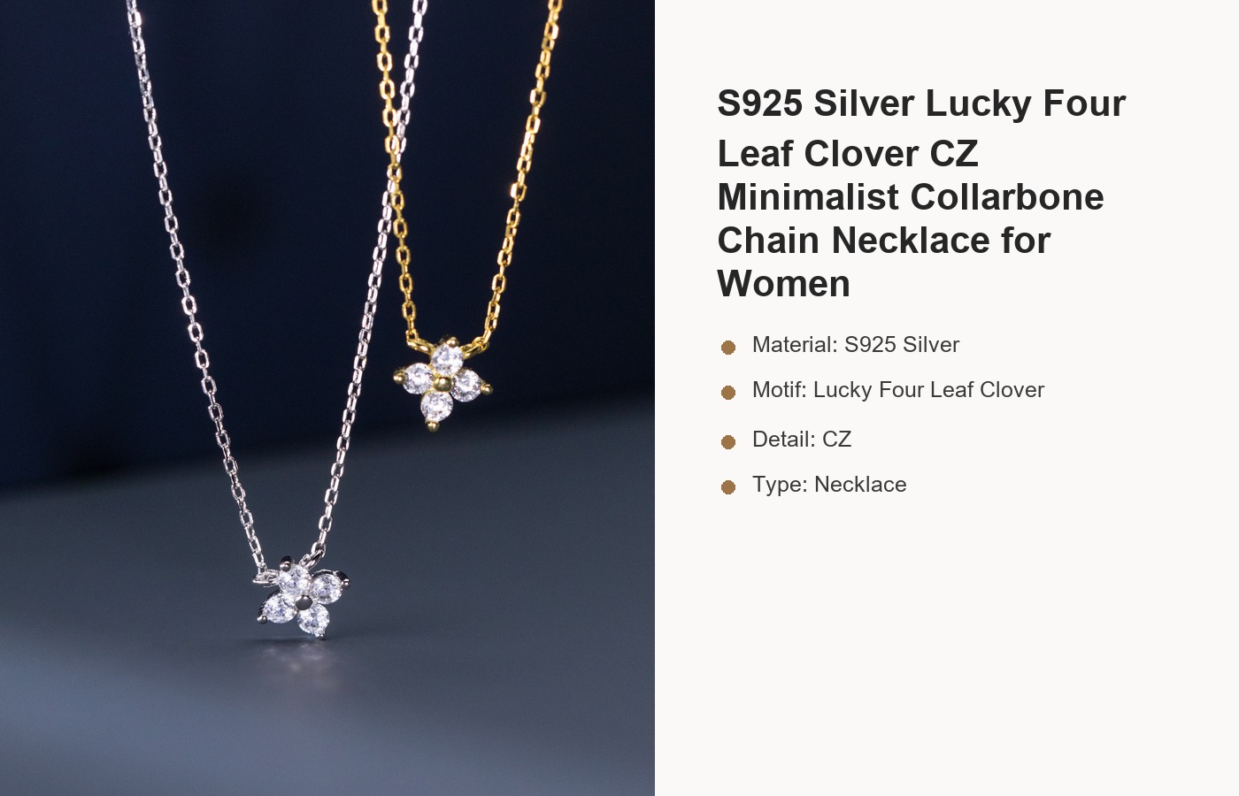 S925 Silver Lucky Four Leaf Clover CZ Minimalist Collarbone Chain Necklace for Women detail image