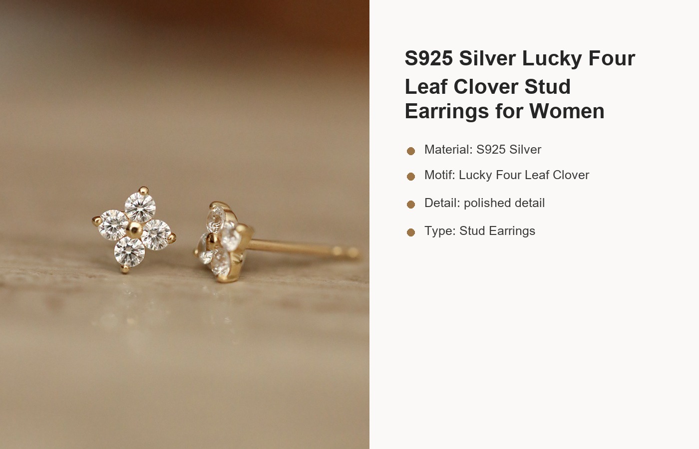 S925 Silver Lucky Four Leaf Clover Stud Earrings for Women detail image