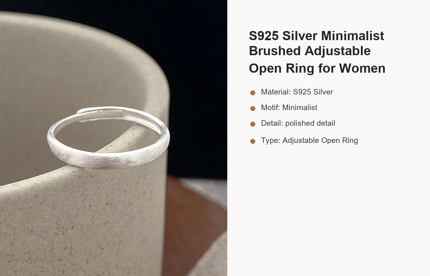 S925 Silver Minimalist Brushed Adjustable Open Ring for Women detail image
