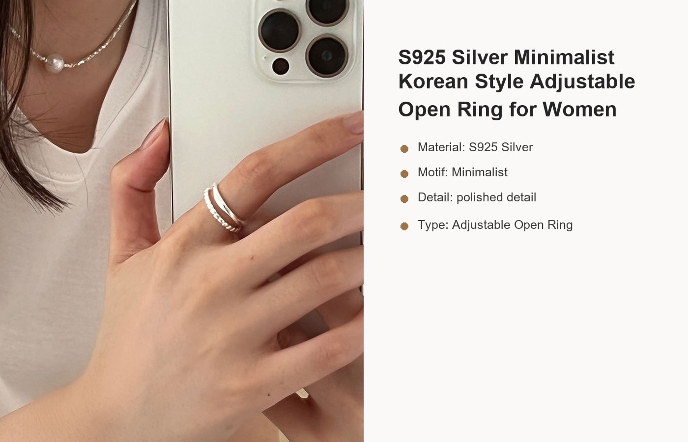 S925 Silver Minimalist Korean Style Adjustable Open Ring for Women detail image