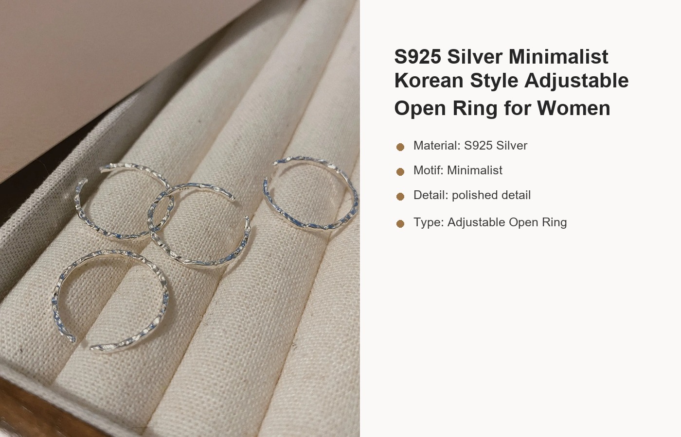 S925 Silver Minimalist Korean Style Adjustable Open Ring for Women detail image