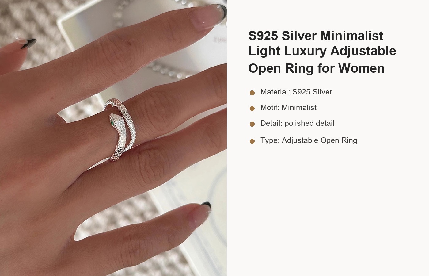 S925 Silver Minimalist Light Luxury Adjustable Open Ring for Women detail image