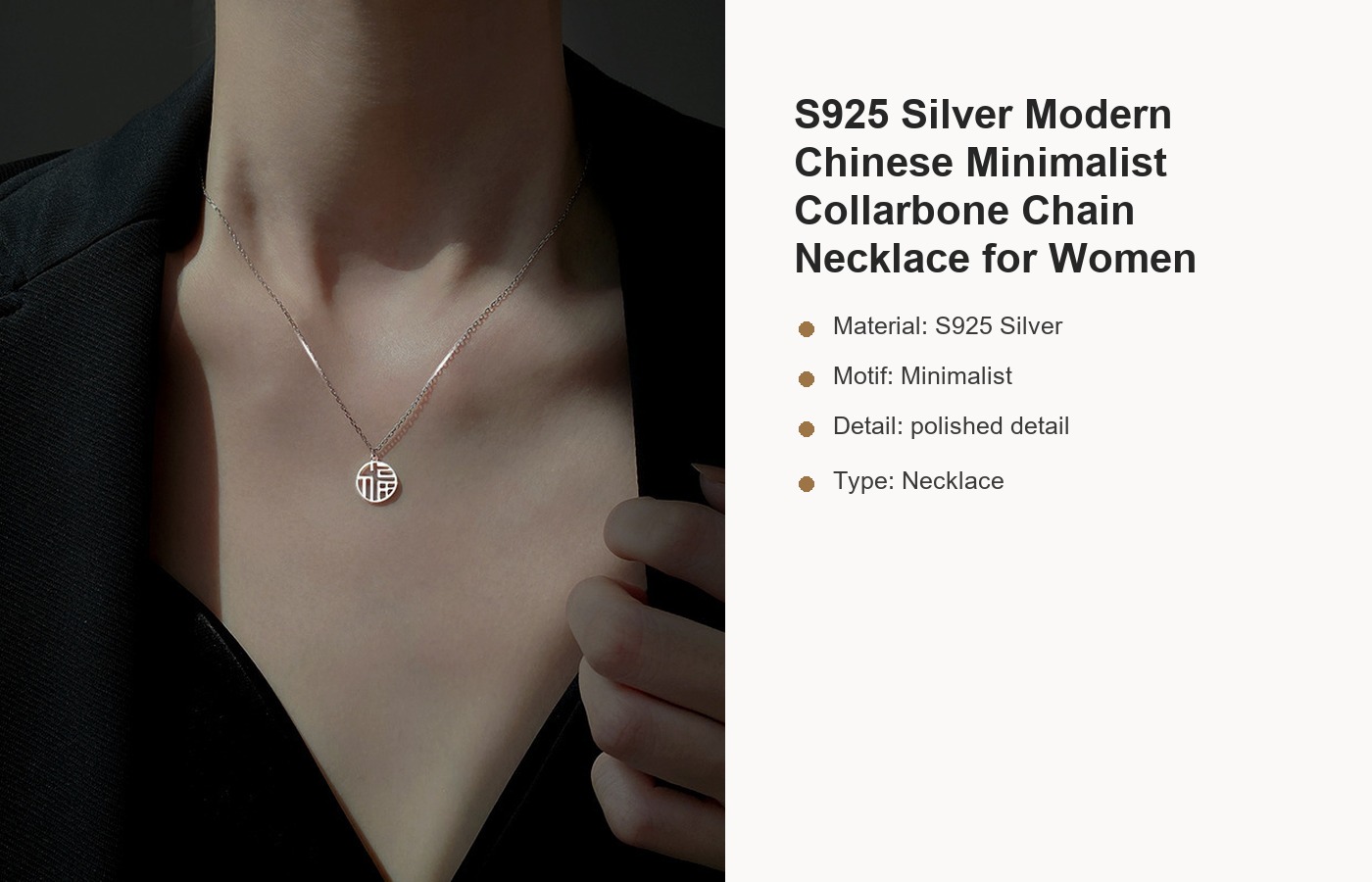 S925 Silver Modern Chinese Minimalist Collarbone Chain Necklace for Women detail image