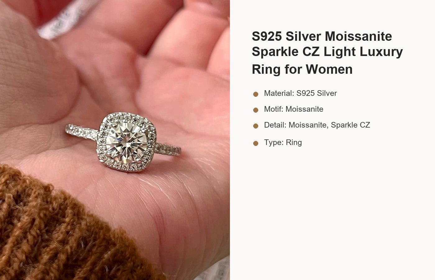 S925 Silver Moissanite Sparkle CZ Light Luxury Ring for Women detail image