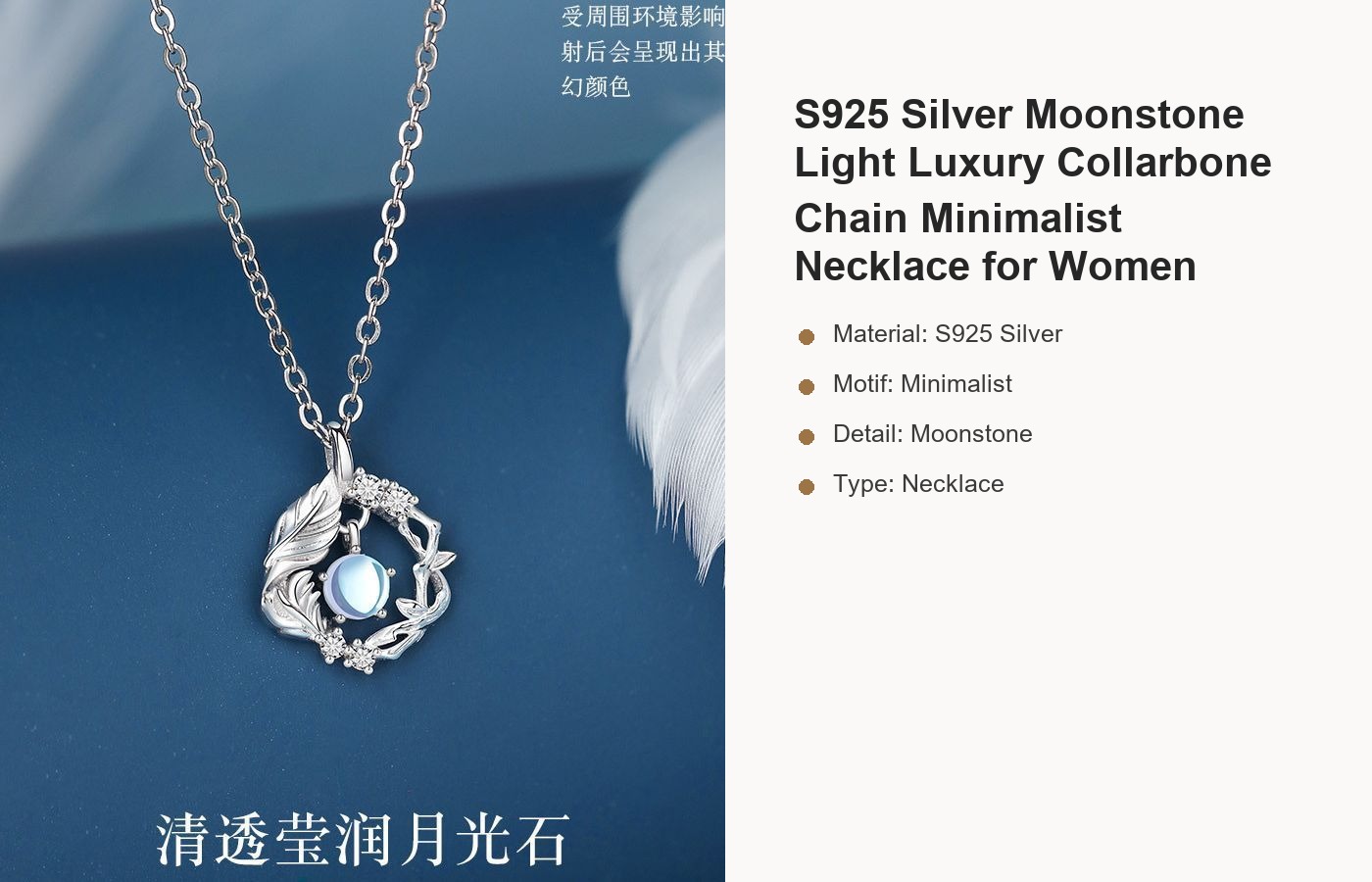 S925 Silver Moonstone Light Luxury Collarbone Chain Minimalist Necklace for Women detail image