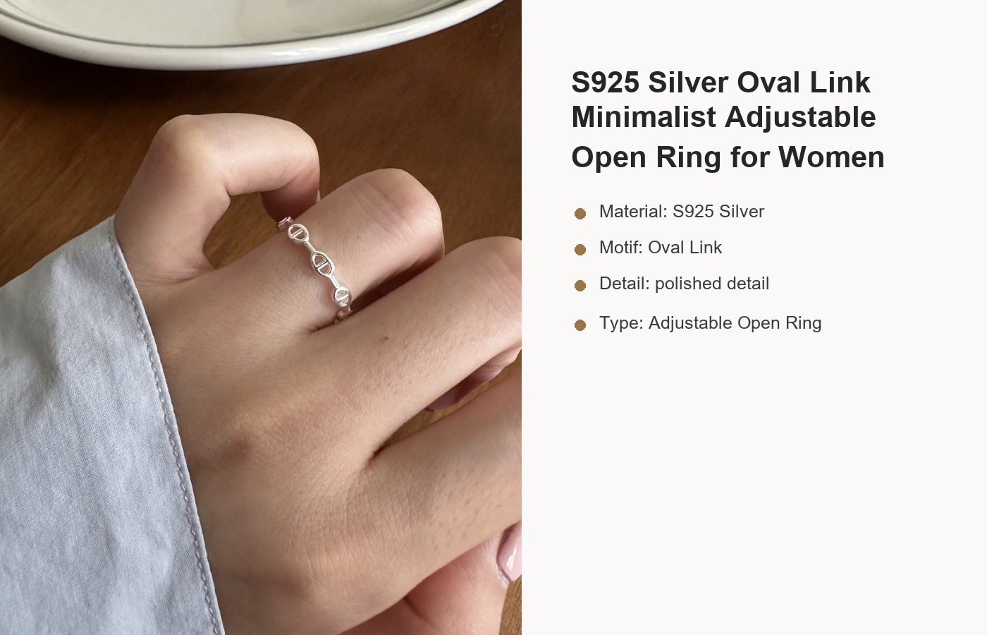 S925 Silver Oval Link Minimalist Adjustable Open Ring for Women detail image