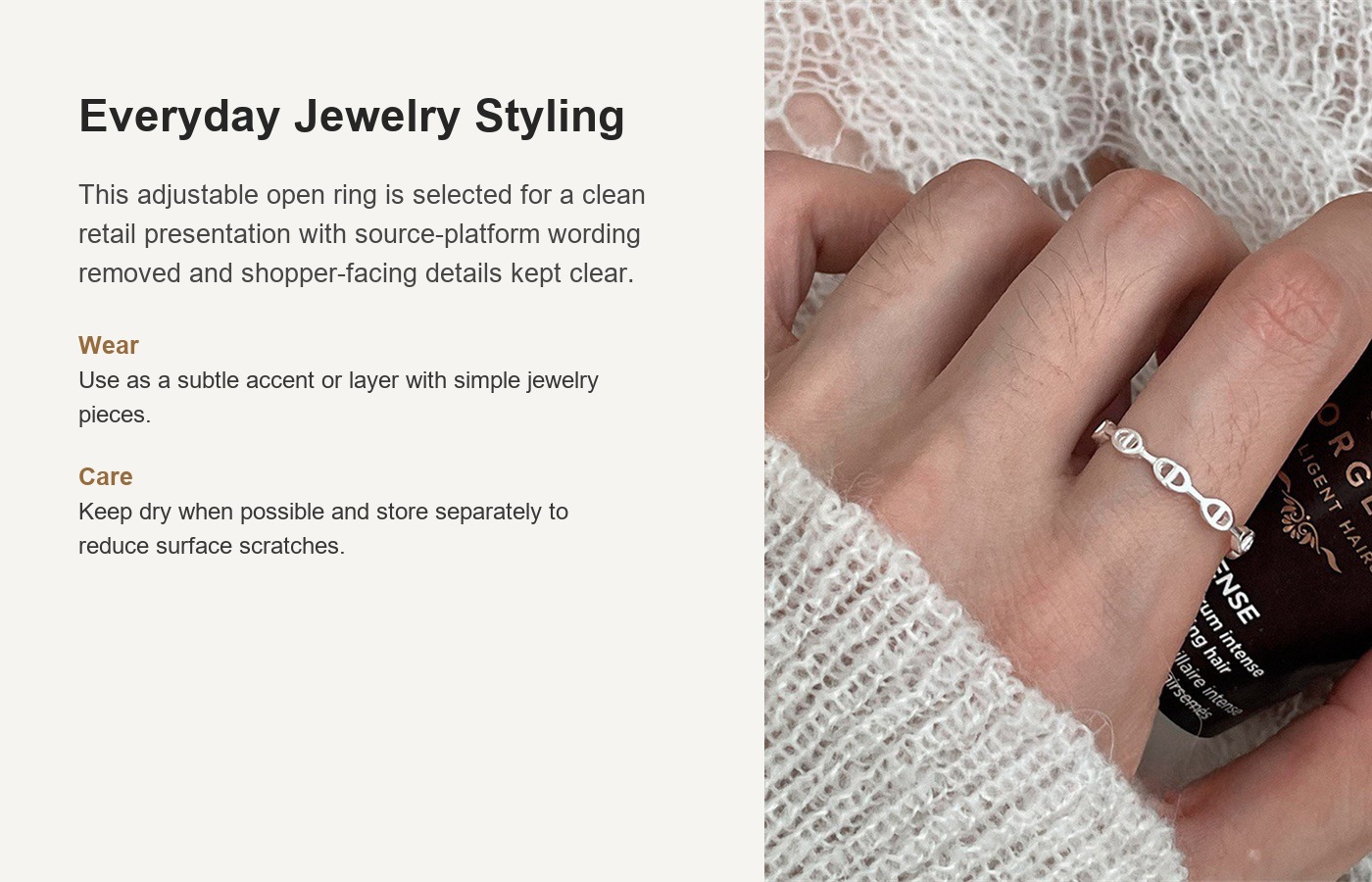 S925 Silver Oval Link Minimalist Adjustable Open Ring for Women detail image