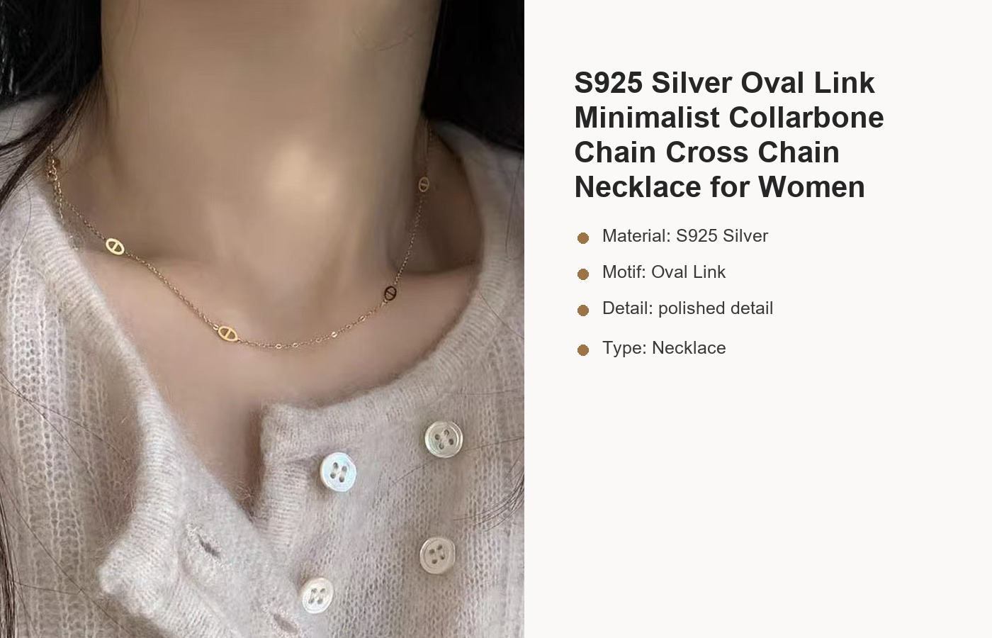 S925 Silver Oval Link Minimalist Collarbone Chain Cross Chain Necklace for Women detail image
