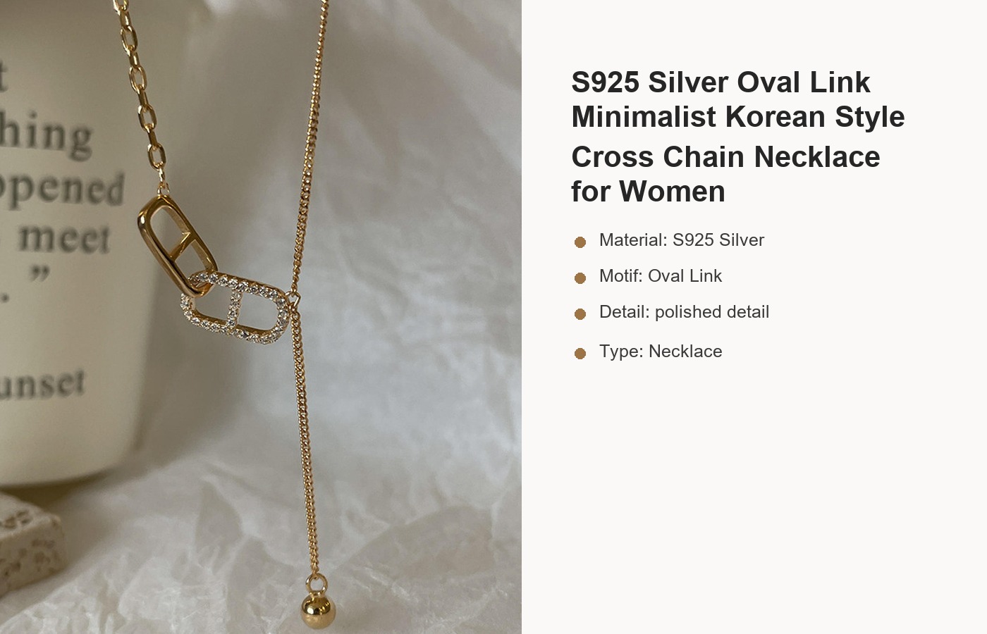 S925 Silver Oval Link Minimalist Korean Style Cross Chain Necklace for Women detail image
