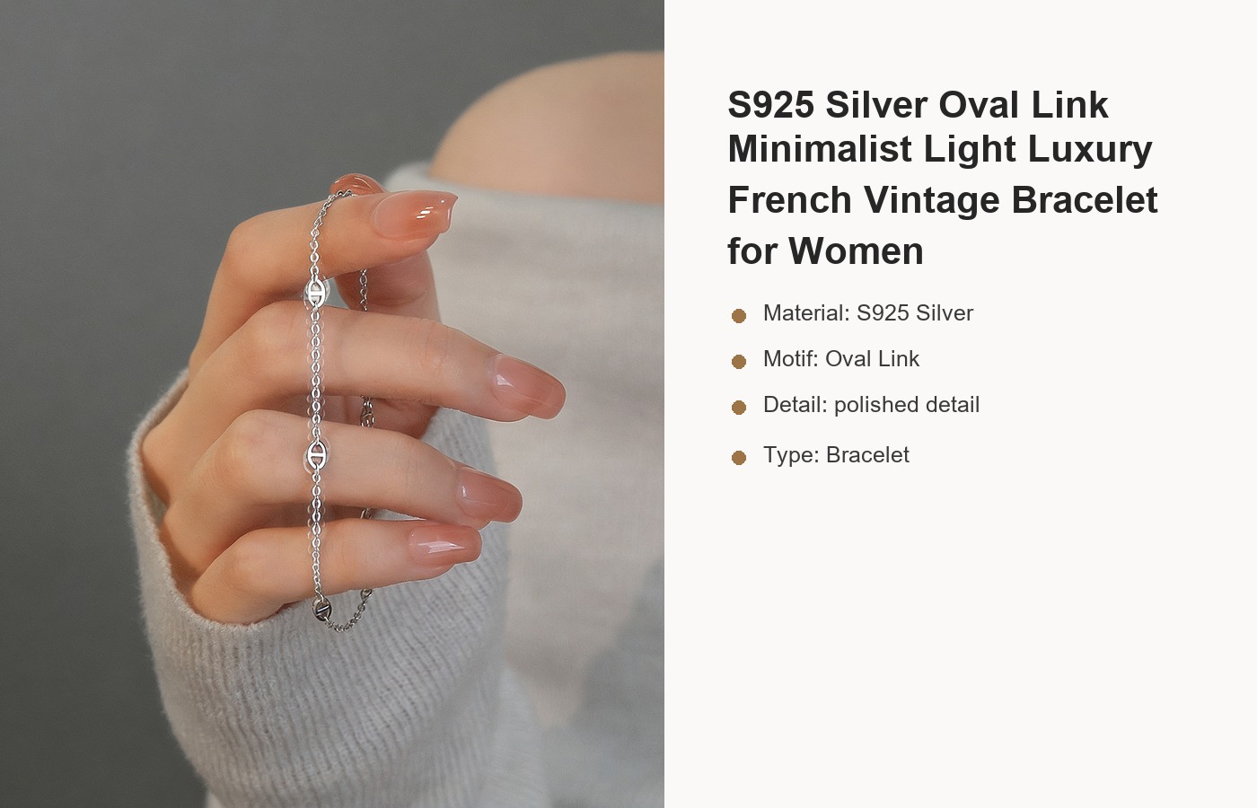 S925 Silver Oval Link Minimalist Light Luxury French Vintage Bracelet for Women detail image