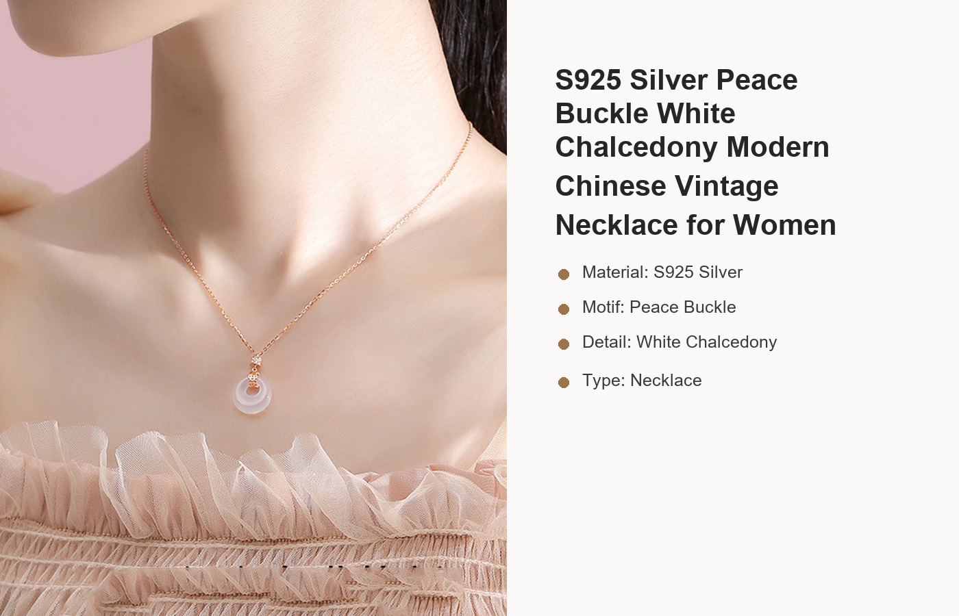 S925 Silver Peace Buckle White Chalcedony Modern Chinese Vintage Necklace for Women detail image