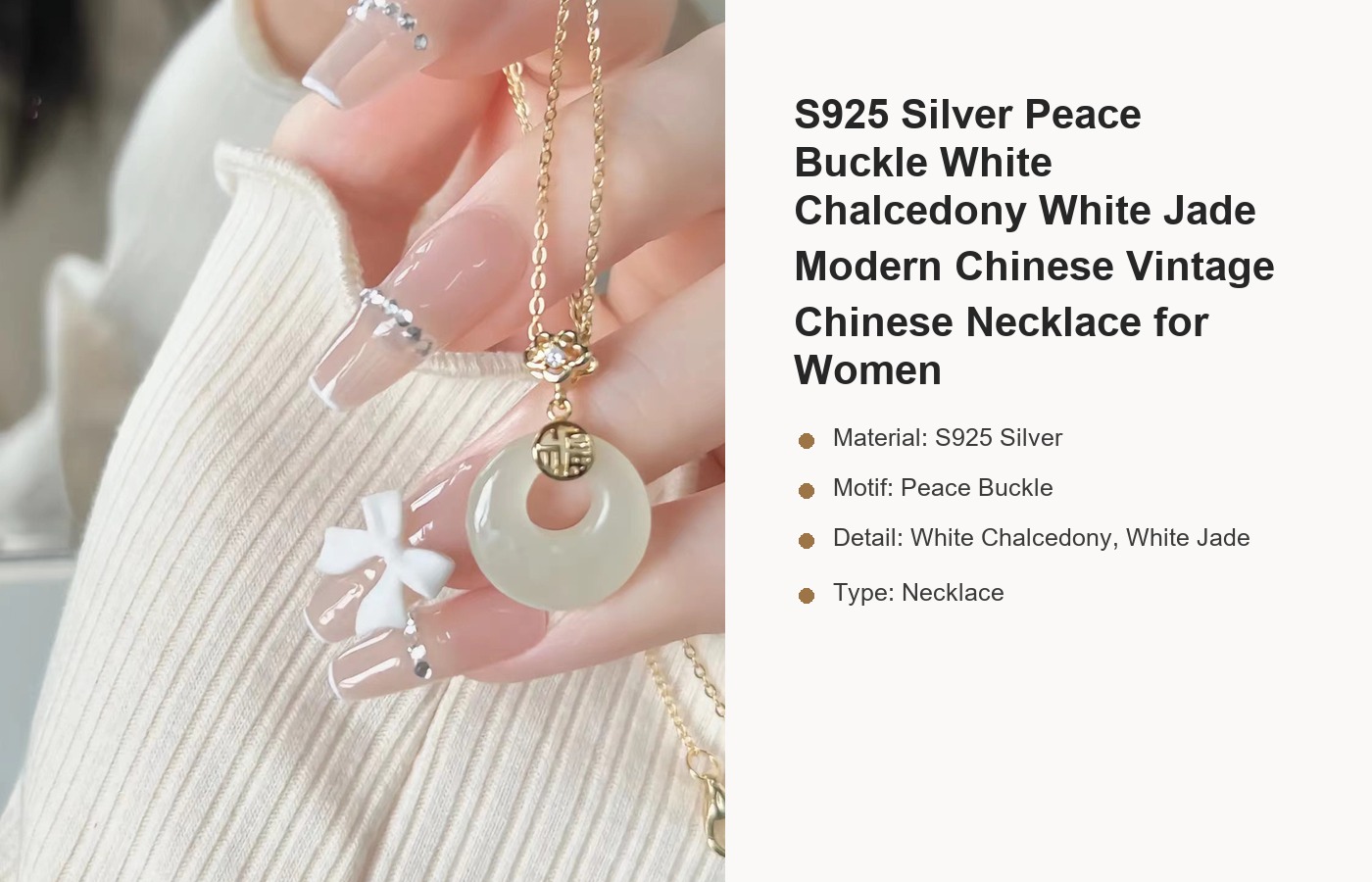 S925 Silver Peace Buckle White Chalcedony White Jade Modern Chinese Vintage Chinese Necklace for Women detail image