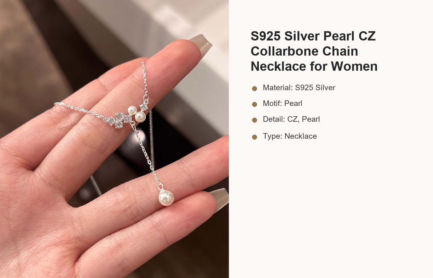 S925 Silver Pearl CZ Collarbone Chain Necklace for Women detail image
