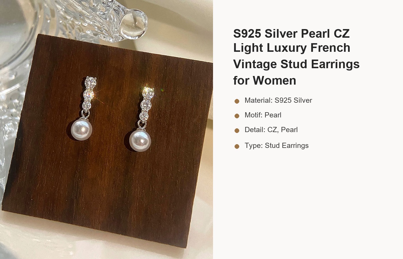 S925 Silver Pearl CZ Light Luxury French Vintage Stud Earrings for Women detail image