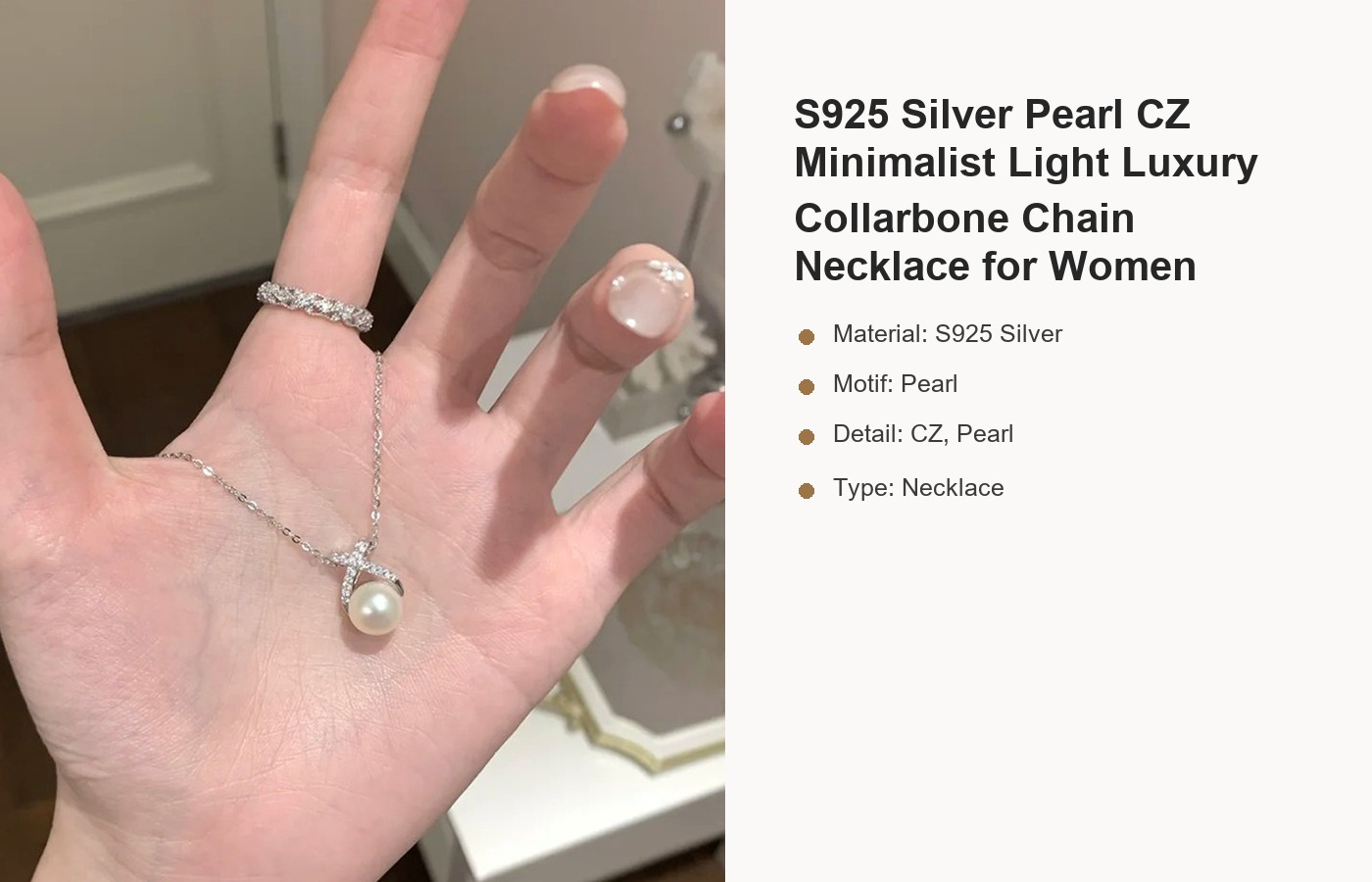 S925 Silver Pearl CZ Minimalist Light Luxury Collarbone Chain Necklace for Women detail image