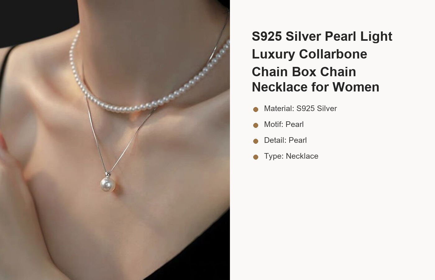 S925 Silver Pearl Light Luxury Collarbone Chain Box Chain Necklace for Women detail image