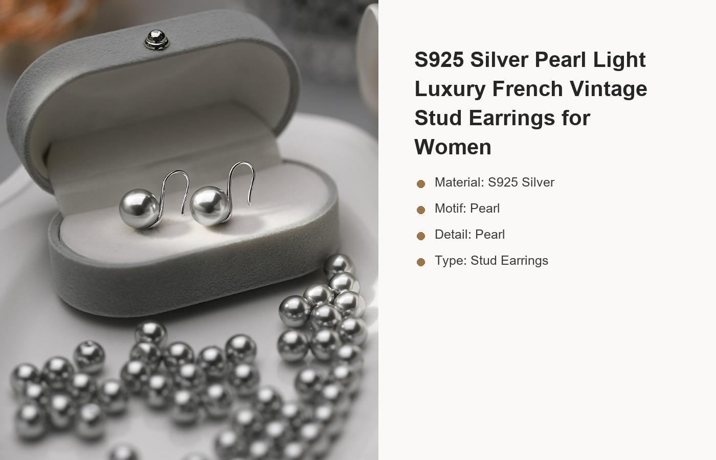 S925 Silver Pearl Light Luxury French Vintage Stud Earrings for Women detail image