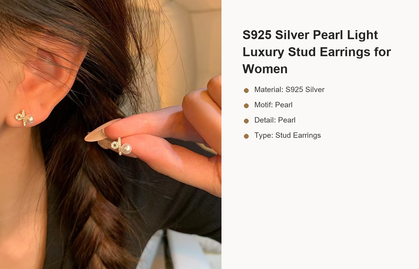 S925 Silver Pearl Light Luxury Stud Earrings for Women detail image