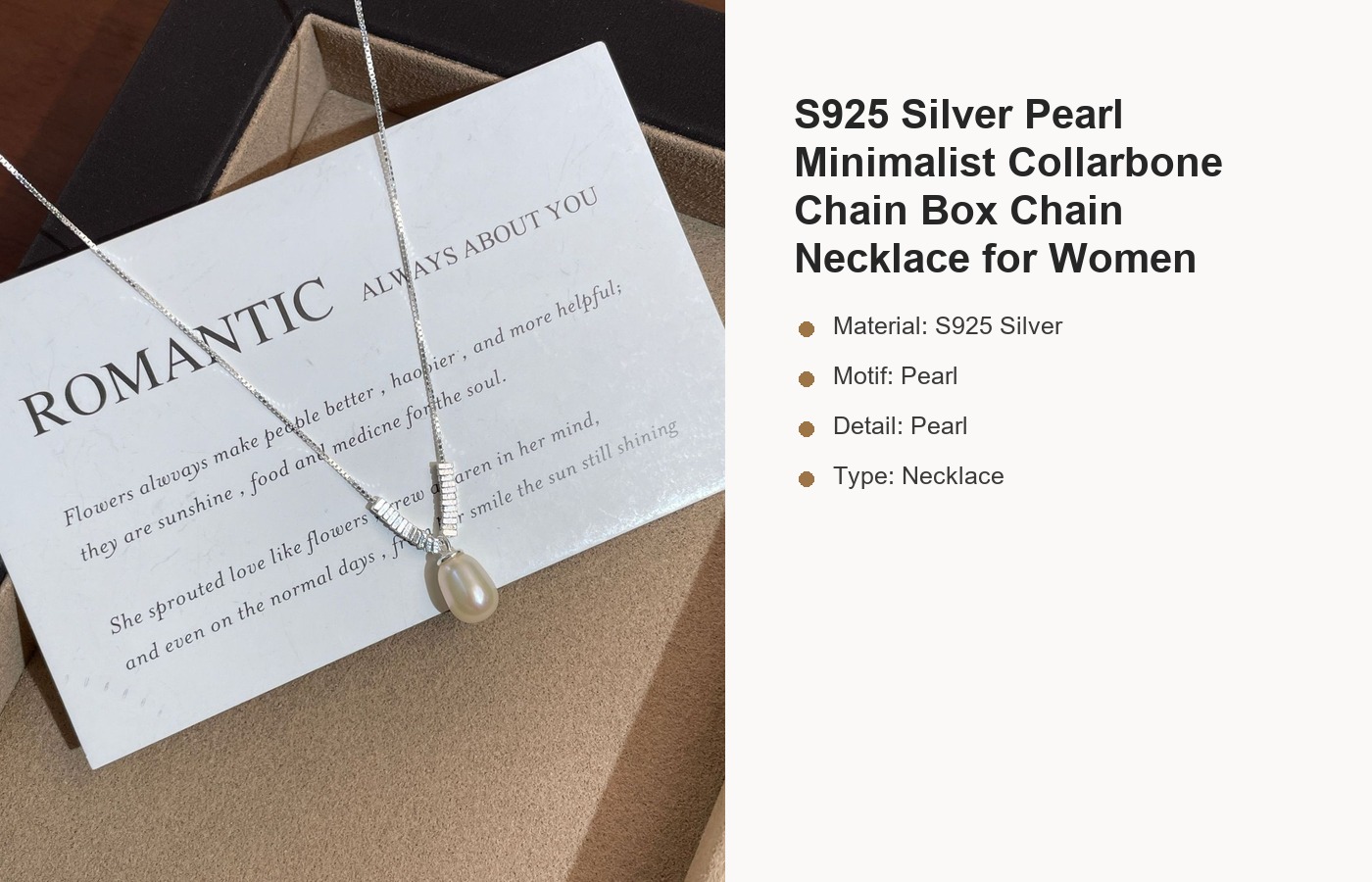 S925 Silver Pearl Minimalist Collarbone Chain Box Chain Necklace for Women detail image