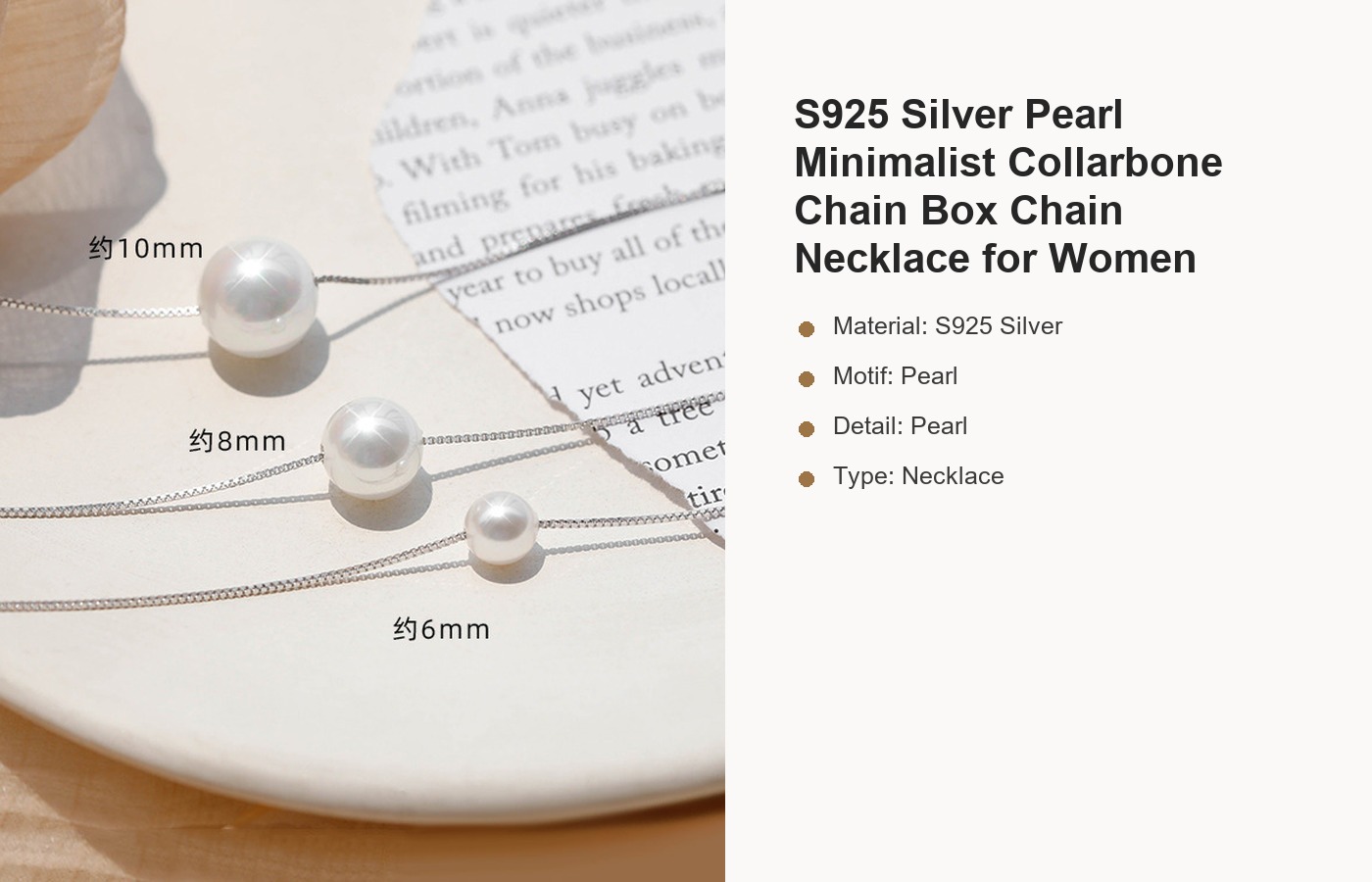 S925 Silver Pearl Minimalist Collarbone Chain Box Chain Necklace for Women detail image