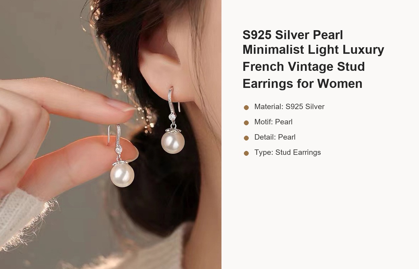 S925 Silver Pearl Minimalist Light Luxury French Vintage Stud Earrings for Women detail image