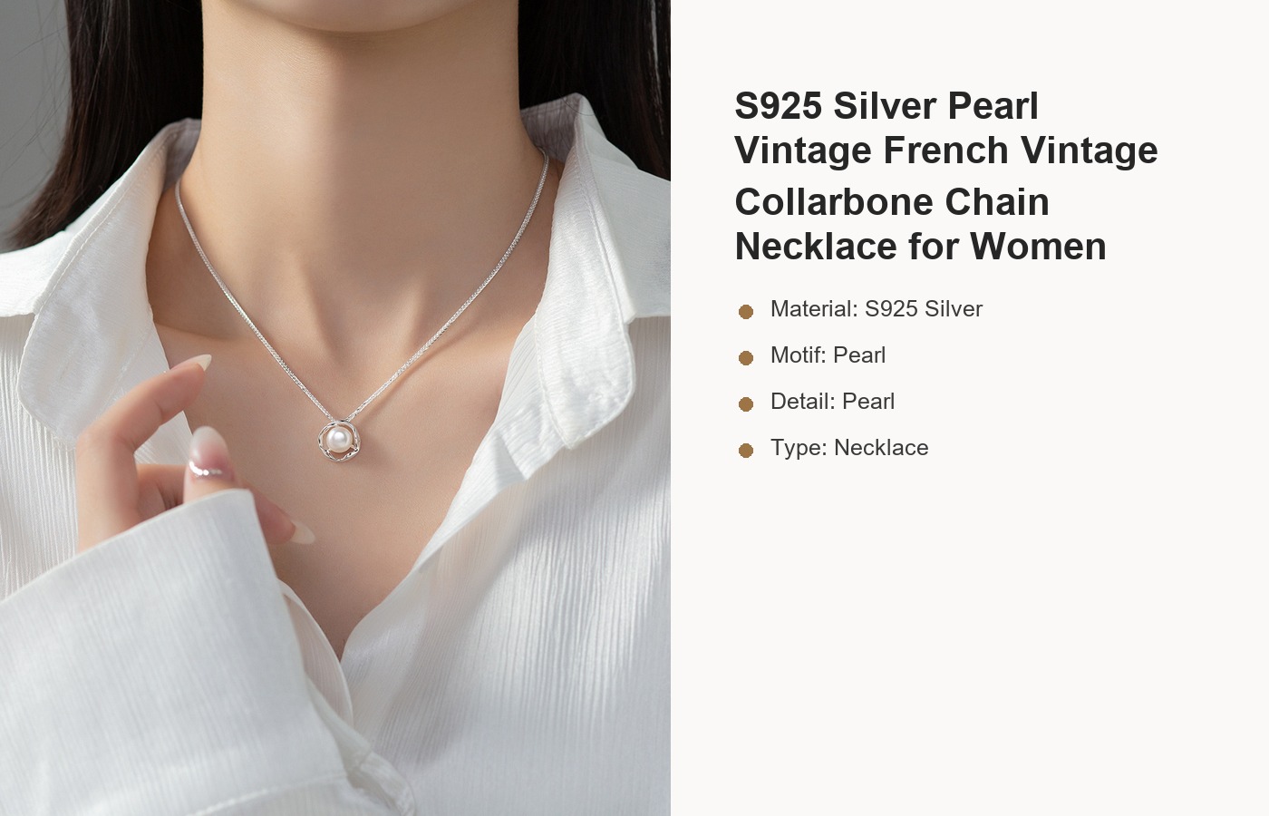 S925 Silver Pearl Vintage French Vintage Collarbone Chain Necklace for Women detail image