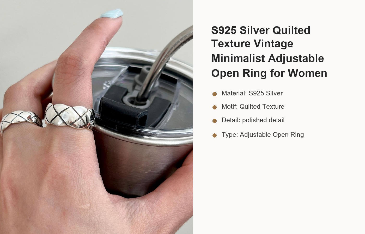 S925 Silver Quilted Texture Vintage Minimalist Adjustable Open Ring for Women detail image