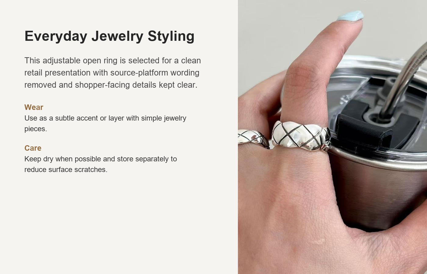 S925 Silver Quilted Texture Vintage Minimalist Adjustable Open Ring for Women detail image