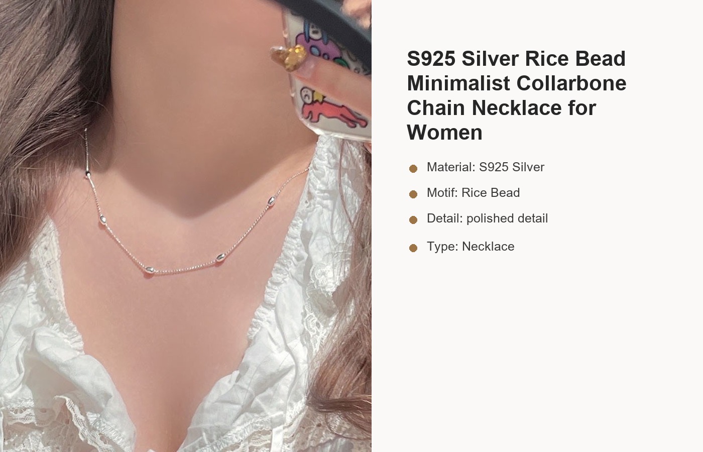 S925 Silver Rice Bead Minimalist Collarbone Chain Necklace for Women detail image